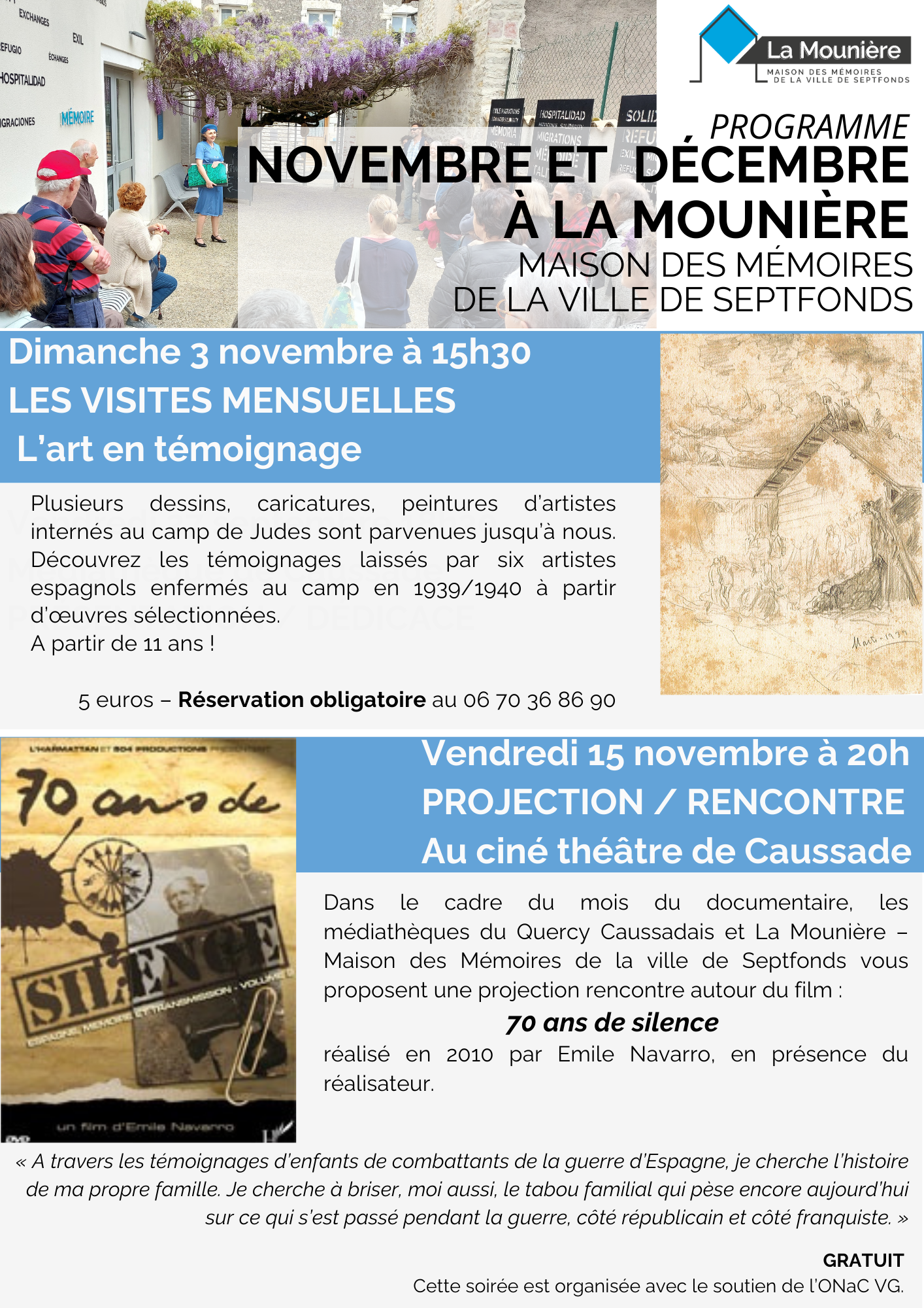 Le programme de novembre et décembre à La Mounière